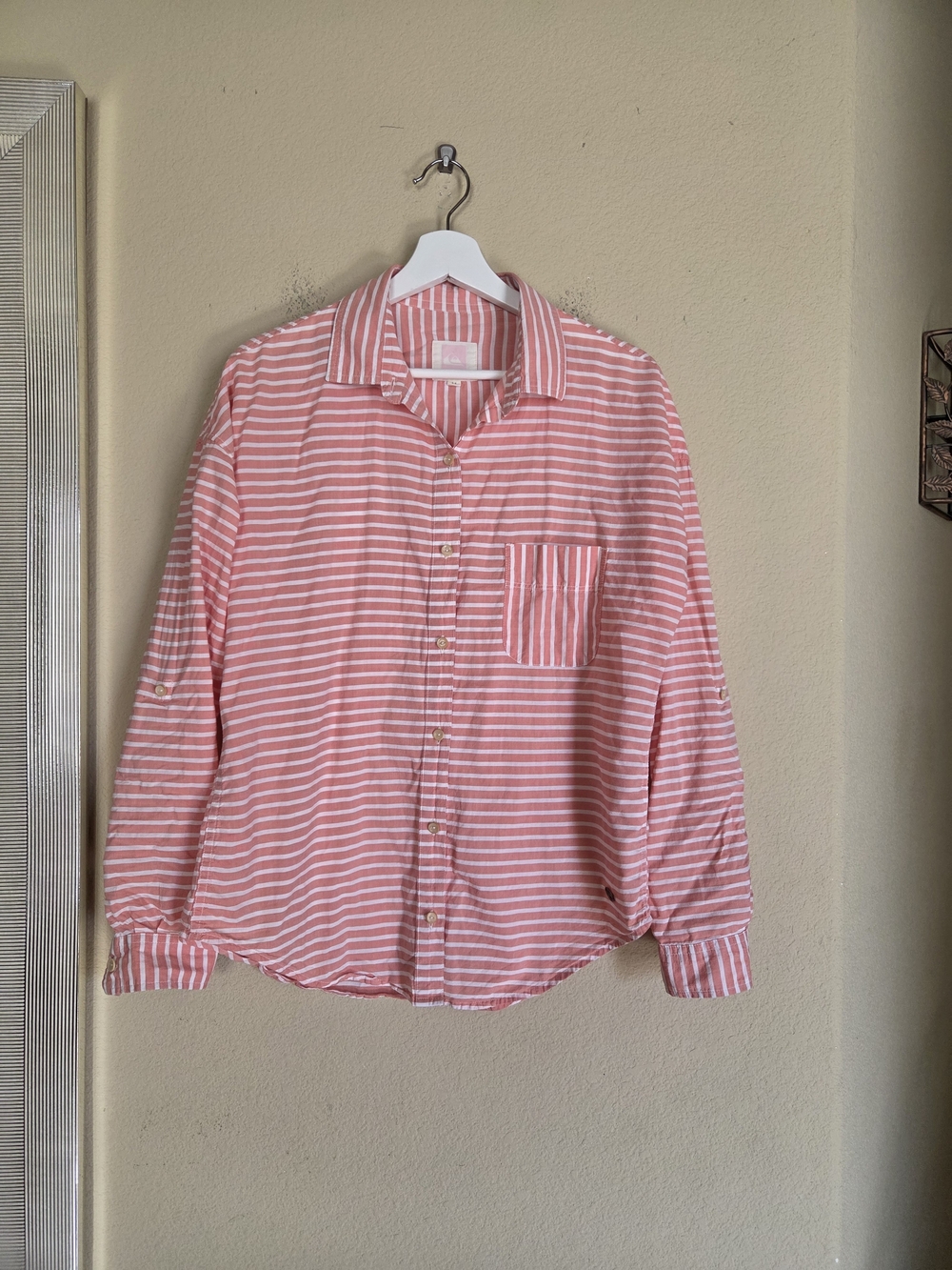 Quiksilver Coral and White Striped Button-Down Shirt